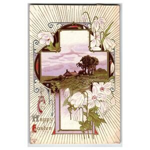 Happy Easter Cross Postcard 1911 Embossed Landscape Snowdrop Flowers ERNDEN